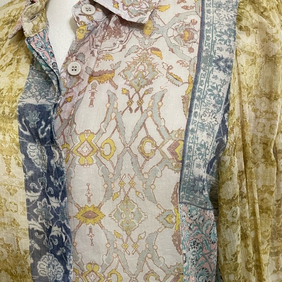 New Olivaceous Boho Semi-sheer Faded Patchwork Button Down Blouse Large - Picture 4 of 10